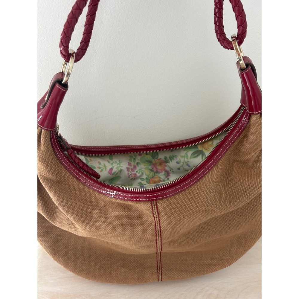 Liz Claiborne Tan Canvas Burgundy Patent Leather Braided Strap Hobo Bag - Picture 9 of 9